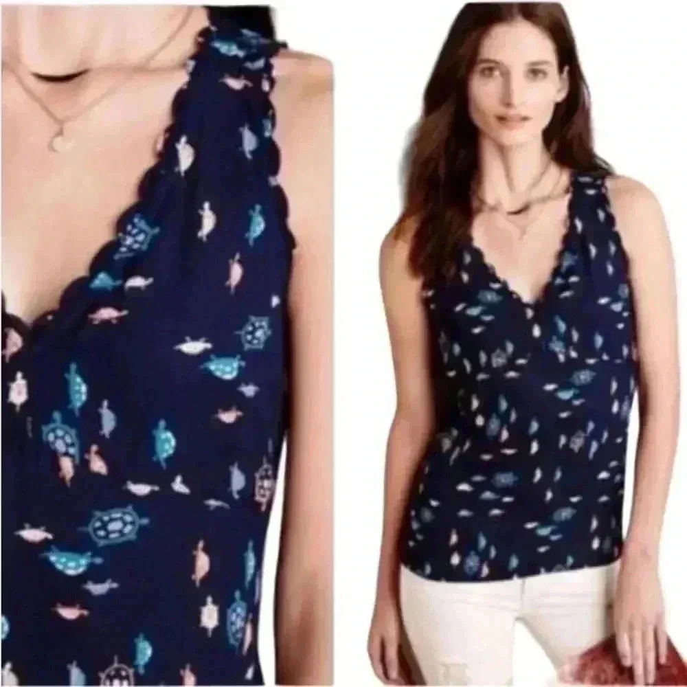 Anthropologie Maeve Tank Top Turtle Print Scalloped Blue 6